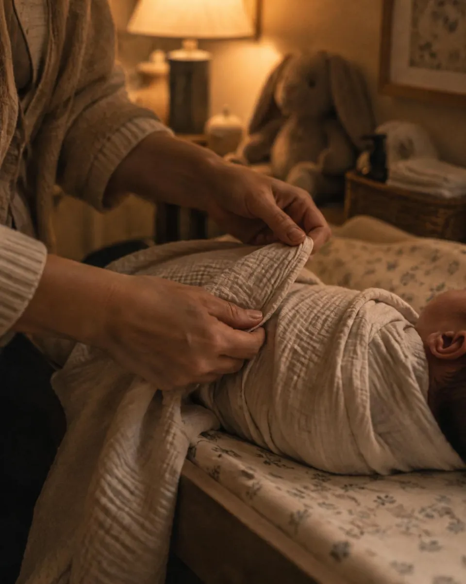 A doula gently swaddling a newborn in lamplight