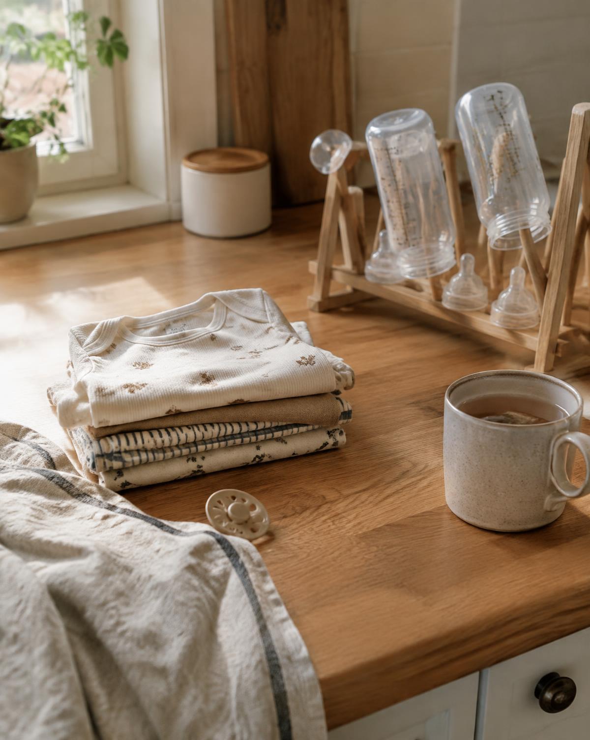 Folded baby clothes and bottles drying on a kitchen counter