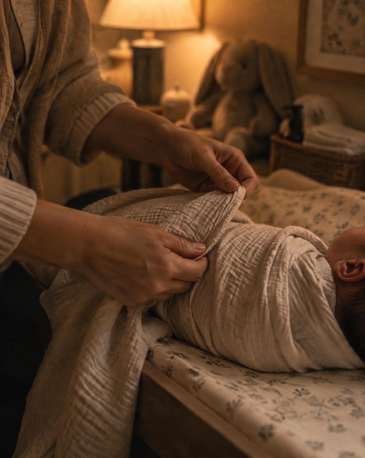 Newborn being swaddled at night